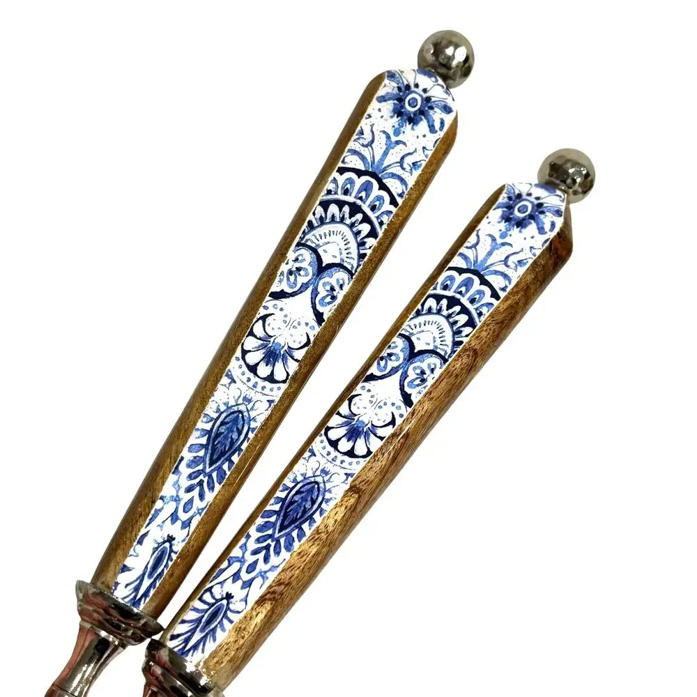 Salad serving fork & spoon wood handle blue & white hammered silvertone 2-pc set